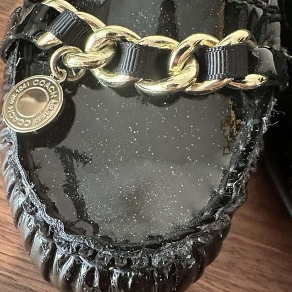 Coach Black Glitter Flats Loafers Drivers Charm Designer Patent Leather Size 6.5 - Picture 11 of 12